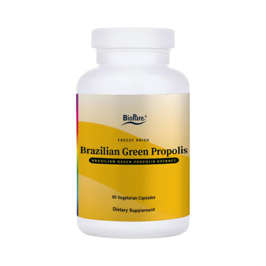 BioPure Brazilian Green Propolis bottle displaying a freeze-dried extract rich in Artepillin-C for immune and respiratory support.