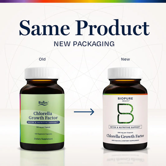 BioPure CGF capsules label highlighting certified organic formula with protein, minerals and amino acids.