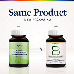 BioPure CGF capsules label highlighting certified organic formula with protein, minerals and amino acids.
