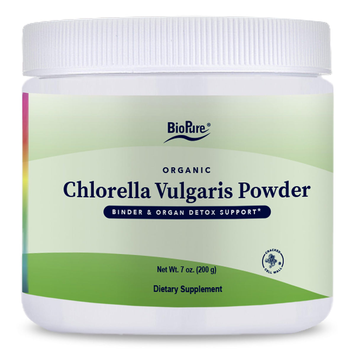 BioPure Chlorella Vulgaris powder packaging with organic certification and quality.