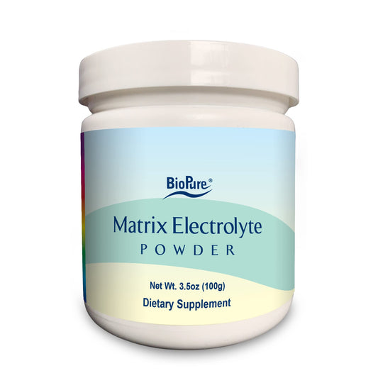 BioPure Matrix Electrolyte Powder jar highlighting minerals for balanced hydration