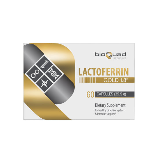 bioQuad Lactoferrin Gold 1.8 bottle with capsules, supports immune health and digestion.