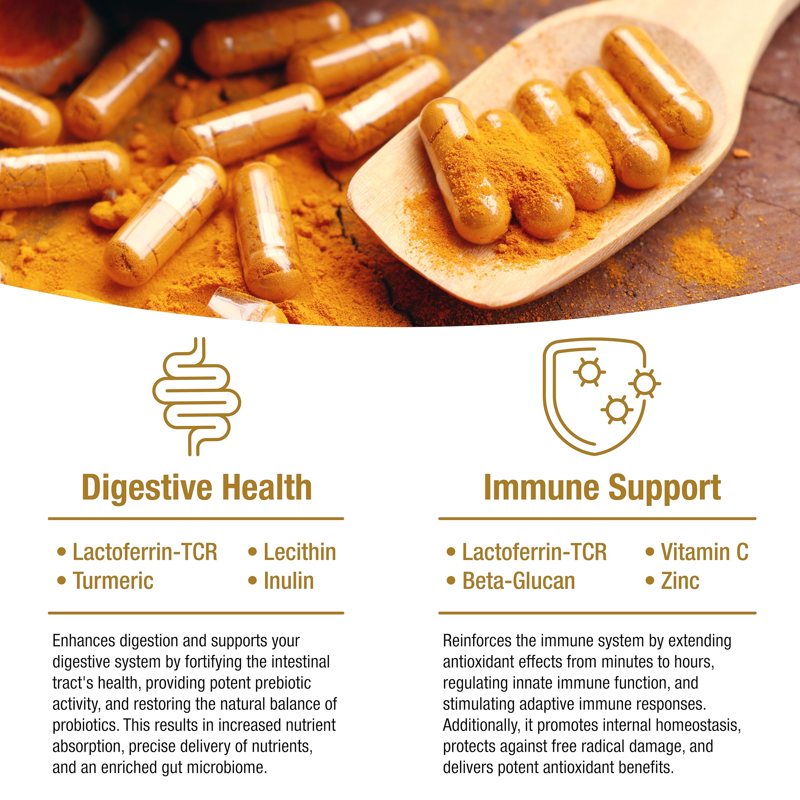 Capsules of BioQuad Lactoferrin Gold arranged for daily supplementation.