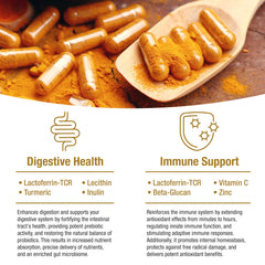 Capsules of BioQuad Lactoferrin Gold arranged for daily supplementation.