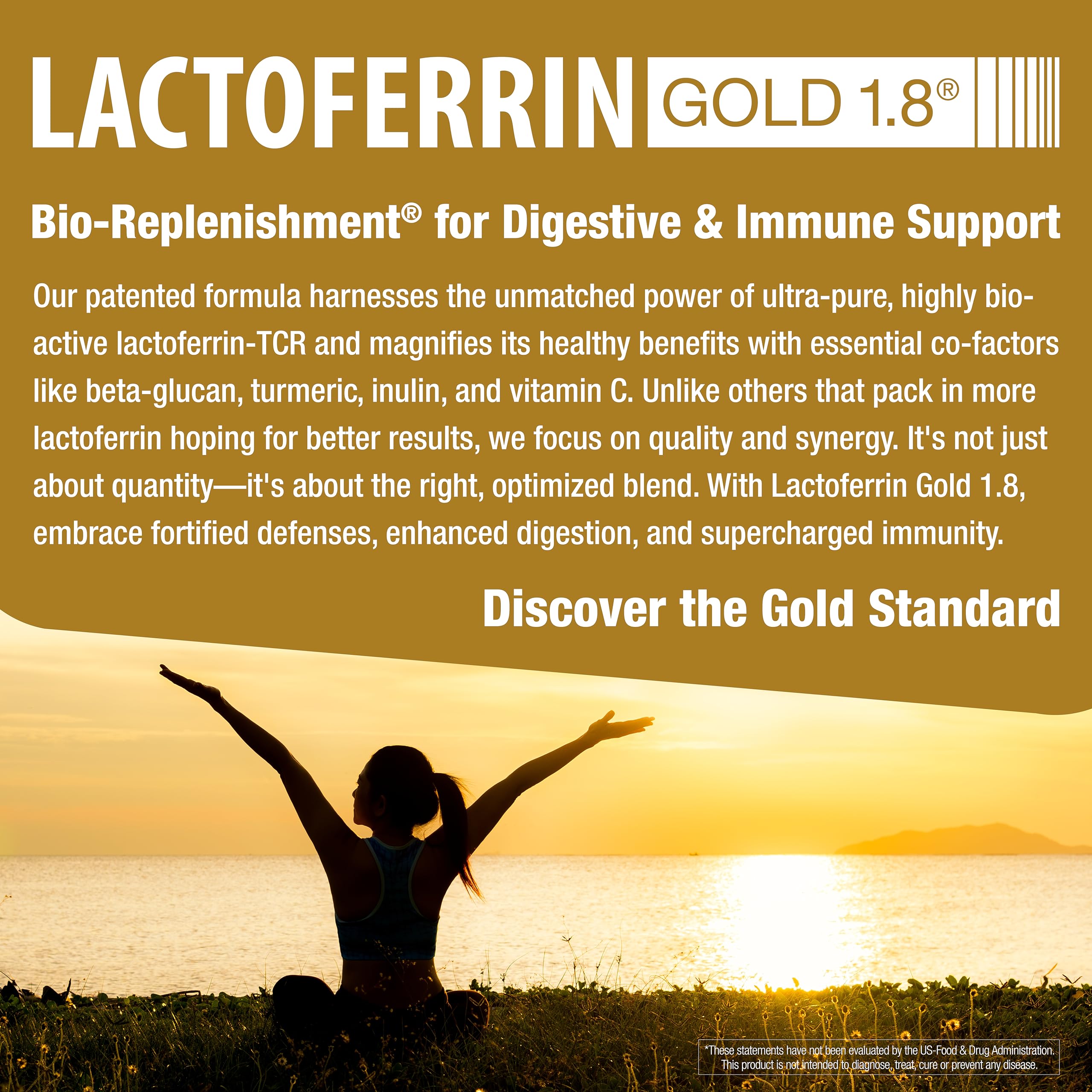 bioQuad Lactoferrin Gold 1.8 nutrition panel shows dairy-free properties.