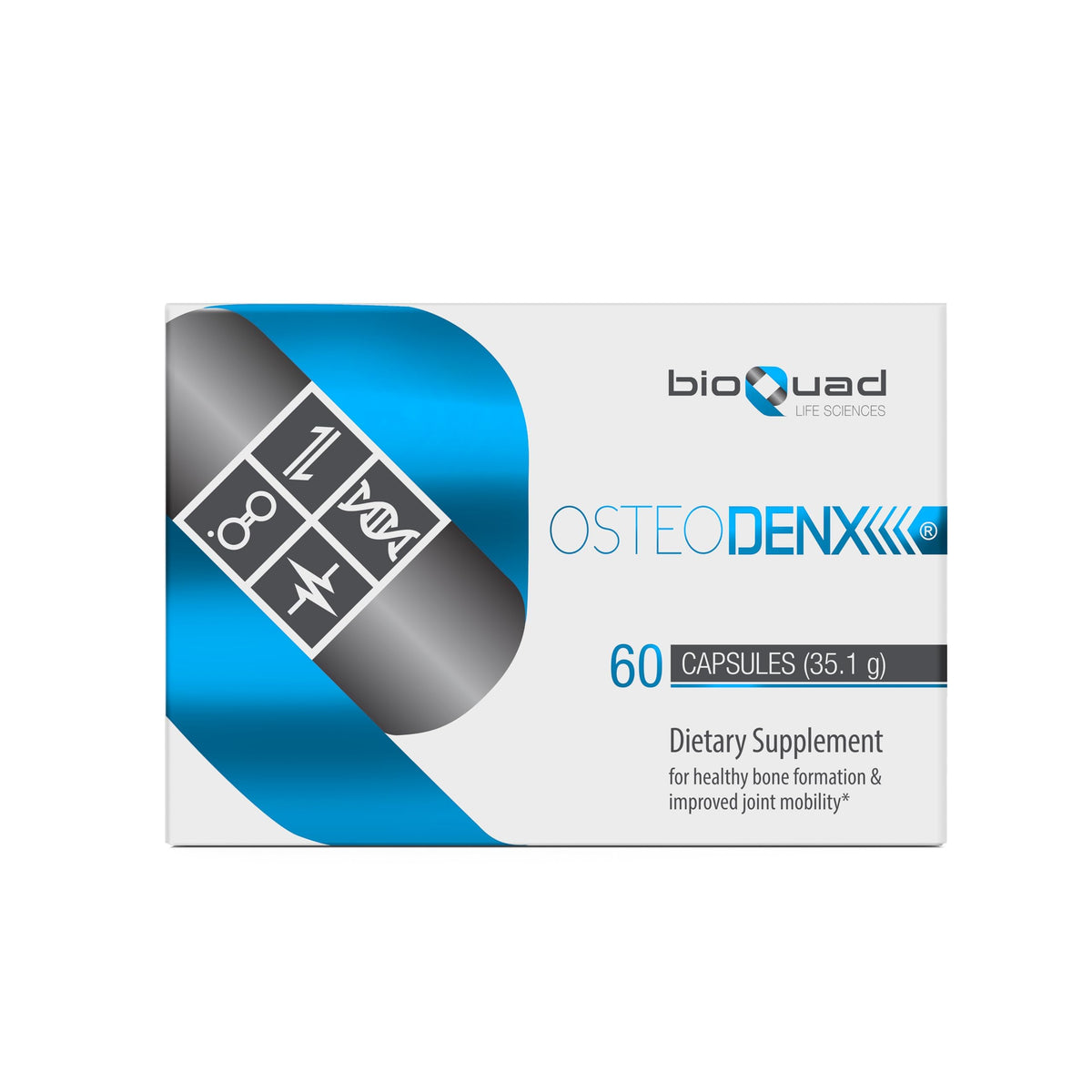 bioQuad Osteodenx bottle label highlighting bone and joint support benefits.