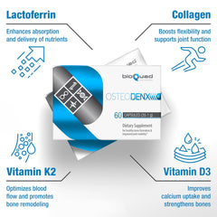 bioQuad Osteodenx packaging box showing lactoferrin and boswellia ingredients.