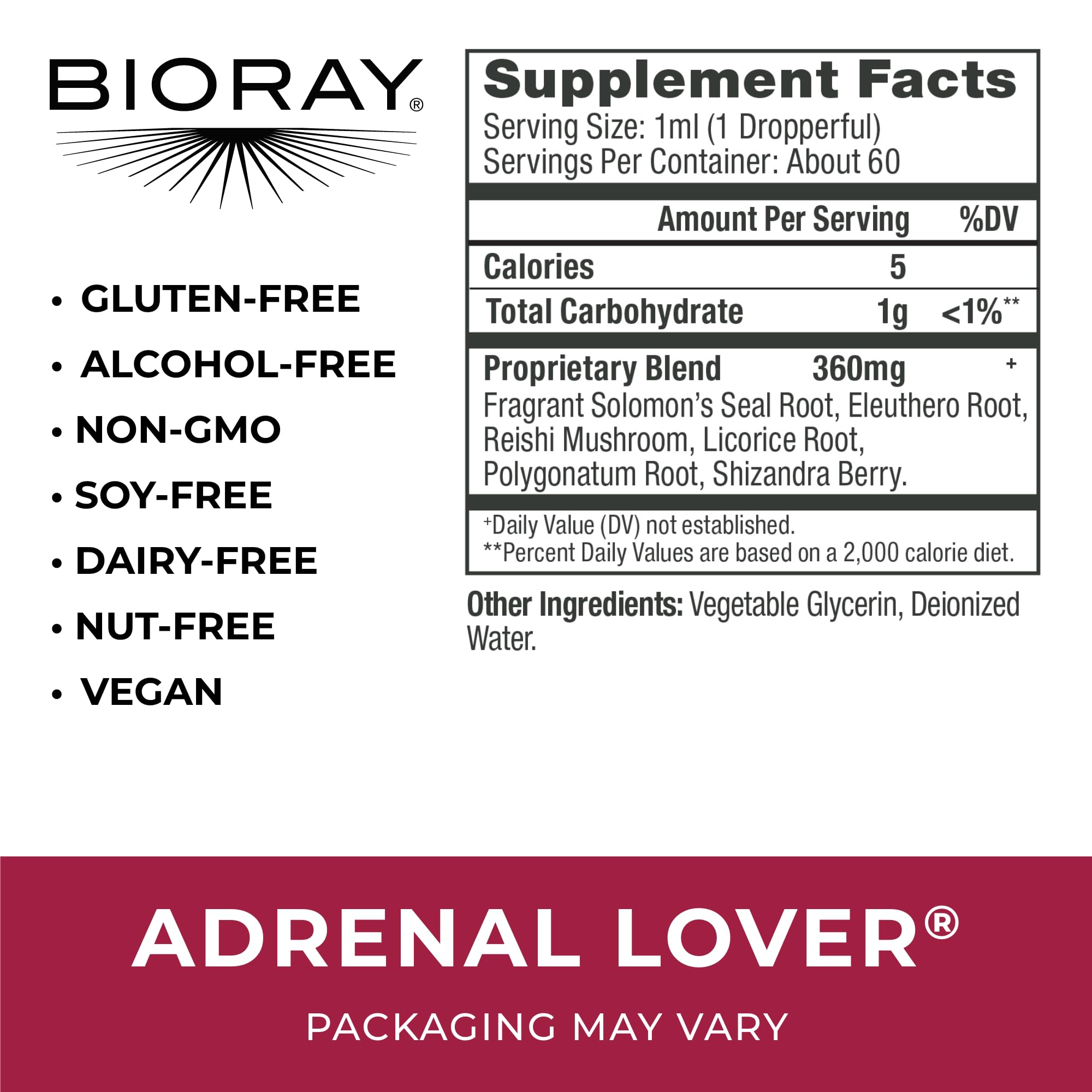BIORAY Adrenal Lover label close-up highlighting organic ingredients for gentle support