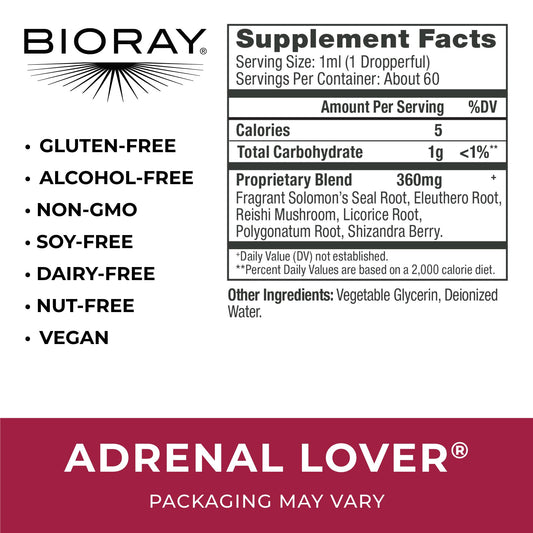 BIORAY Adrenal Lover label close-up highlighting organic ingredients for gentle support