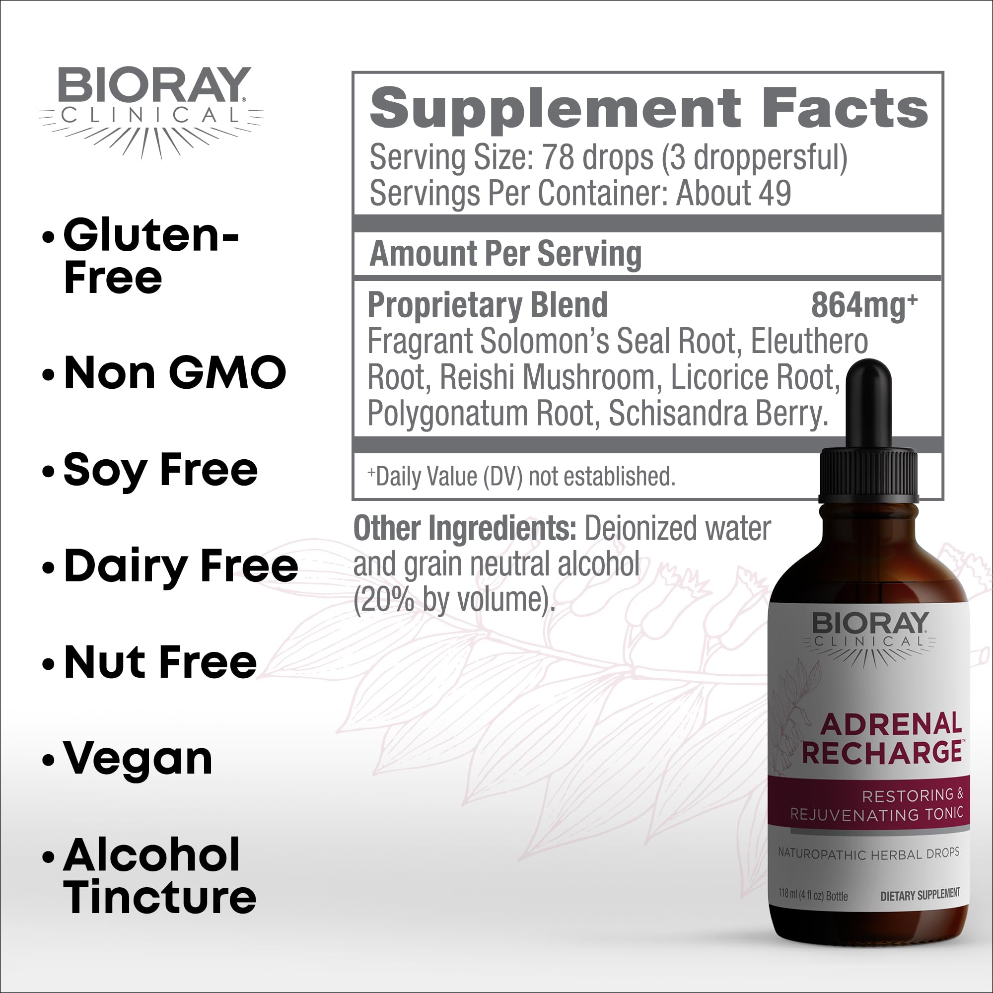 Close-up of BIORAY Adrenal Recharge label highlighting vegan, non-GMO formula