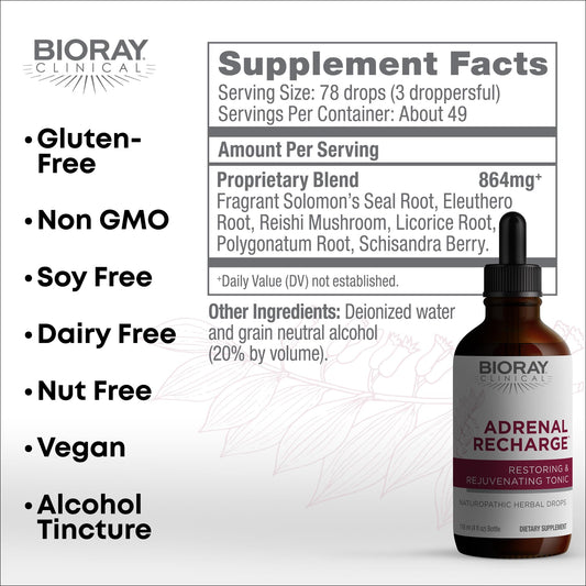 Close-up of BIORAY Adrenal Recharge label highlighting vegan, non-GMO formula