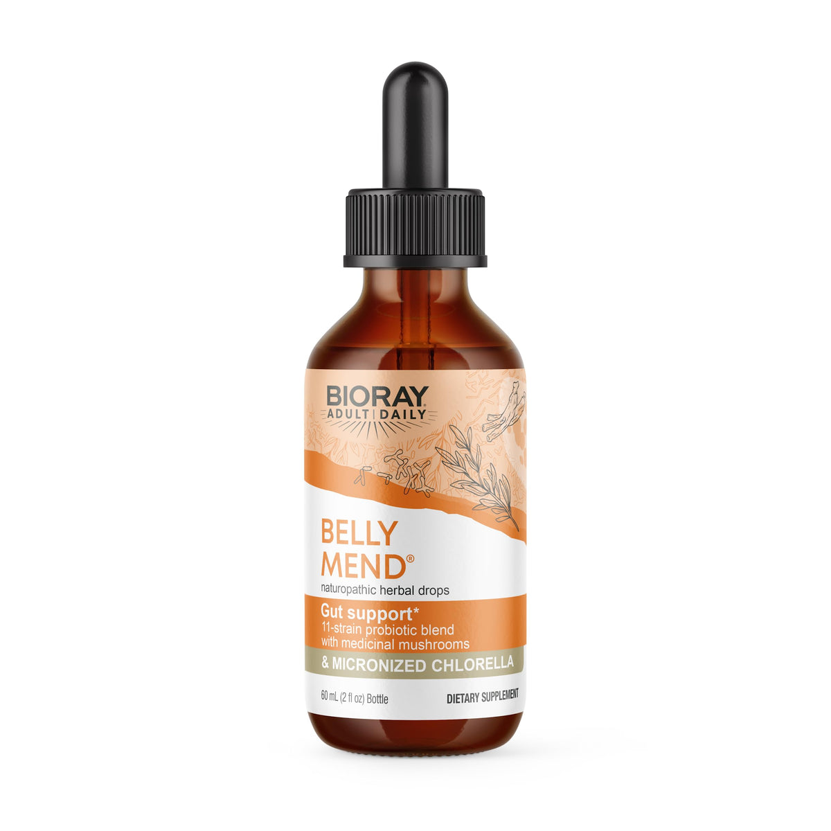 BIORAY Daily Belly Mend bottle highlighting probiotic gut support and mushroom blend