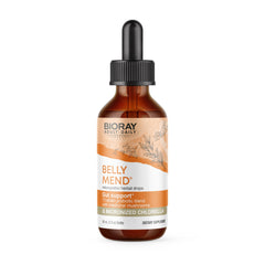 BIORAY Daily Belly Mend bottle highlighting probiotic gut support and mushroom blend
