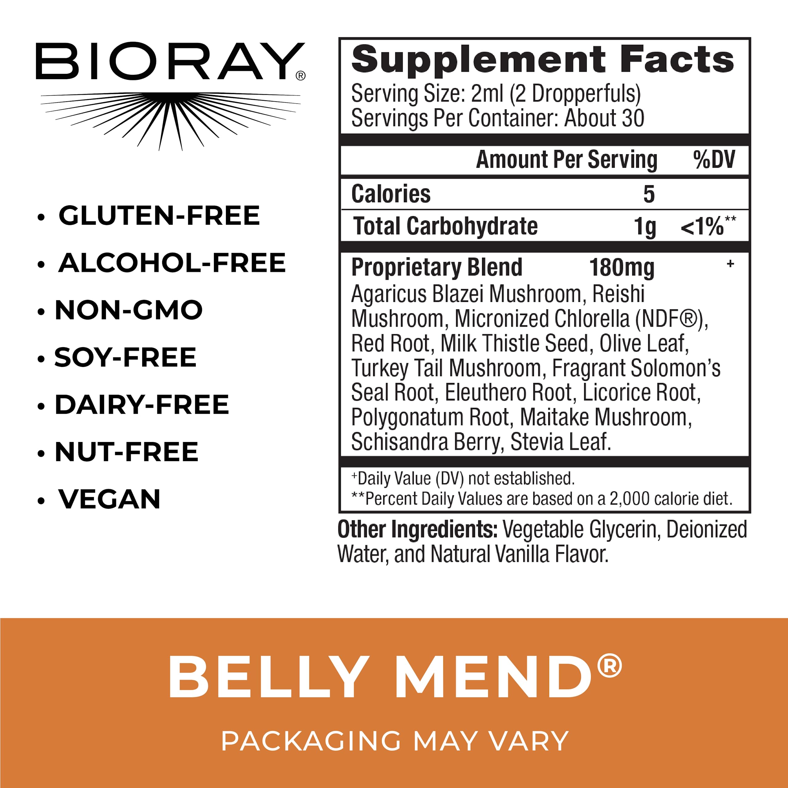 BIORAY Daily Belly Mend label emphasizing non-GMO vegetarian formula