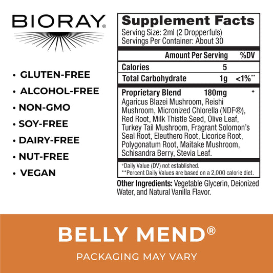 BIORAY Daily Belly Mend label emphasizing non-GMO vegetarian formula