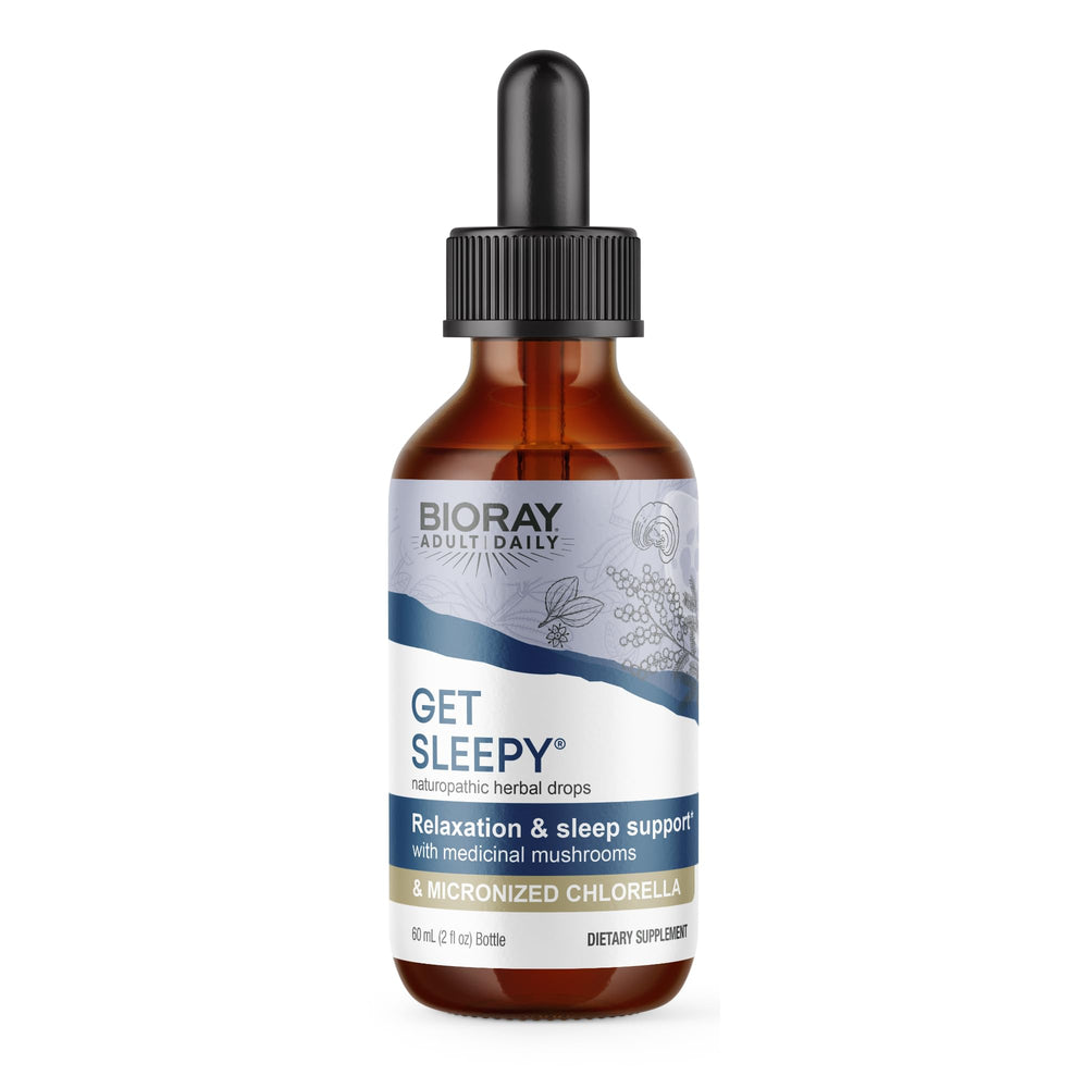 BIORAY Daily Get Sleepy bottle pour for gentle evening relaxation.