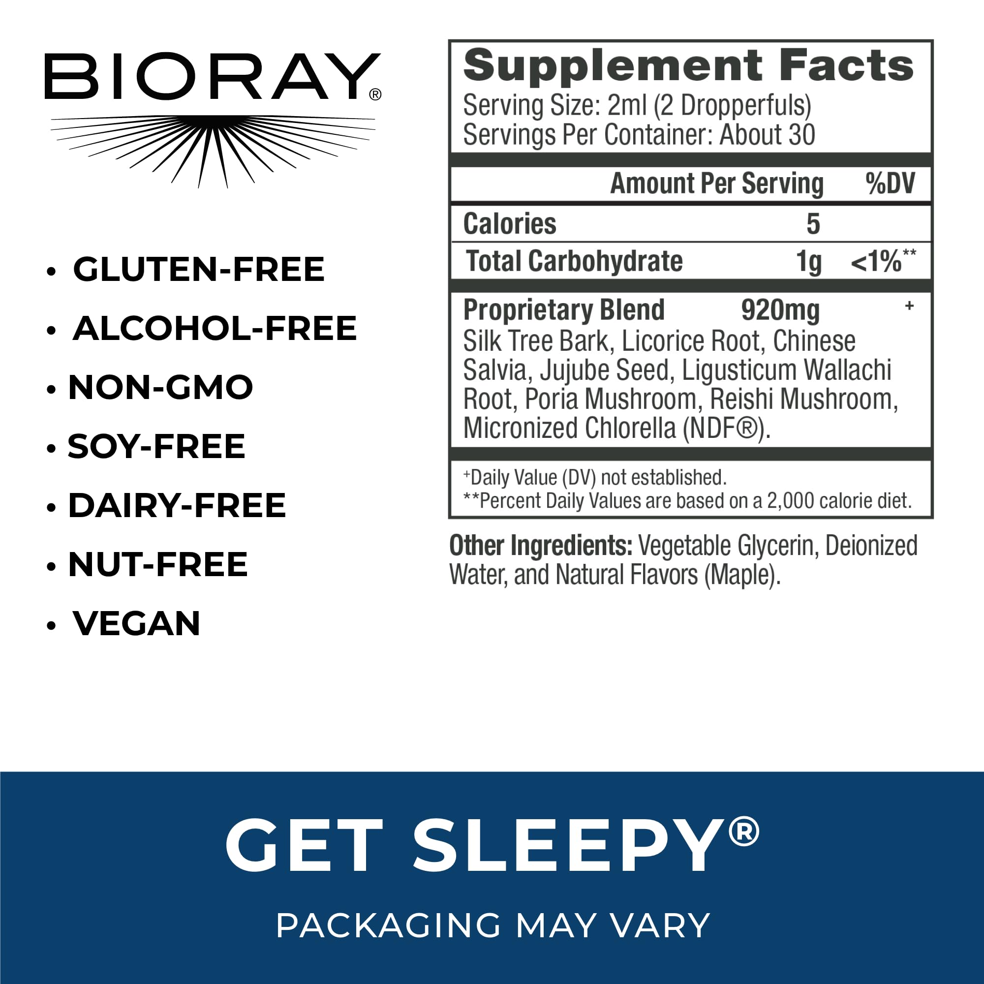 BIORAY Daily Get Sleepy label closeup highlighting organic ingredients for restful nights.