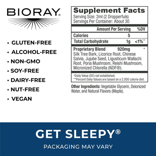 BIORAY Daily Get Sleepy label closeup highlighting organic ingredients for restful nights.