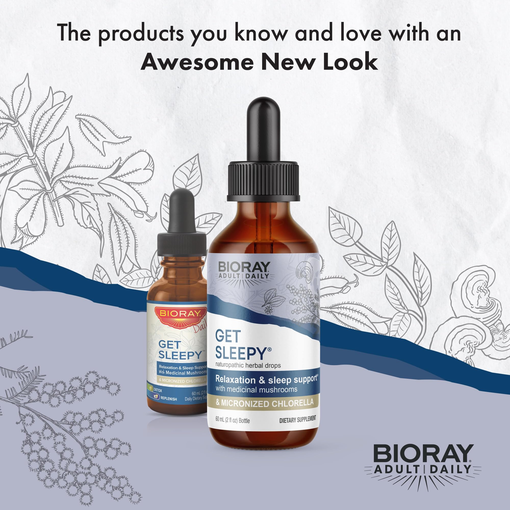 BIORAY Daily Get Sleepy packaging highlights organic, vegan rest support.