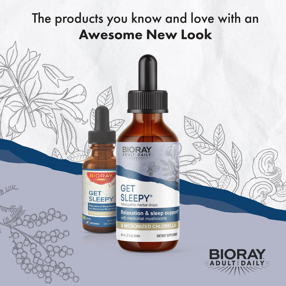 BIORAY Daily Get Sleepy packaging highlights organic, vegan rest support.