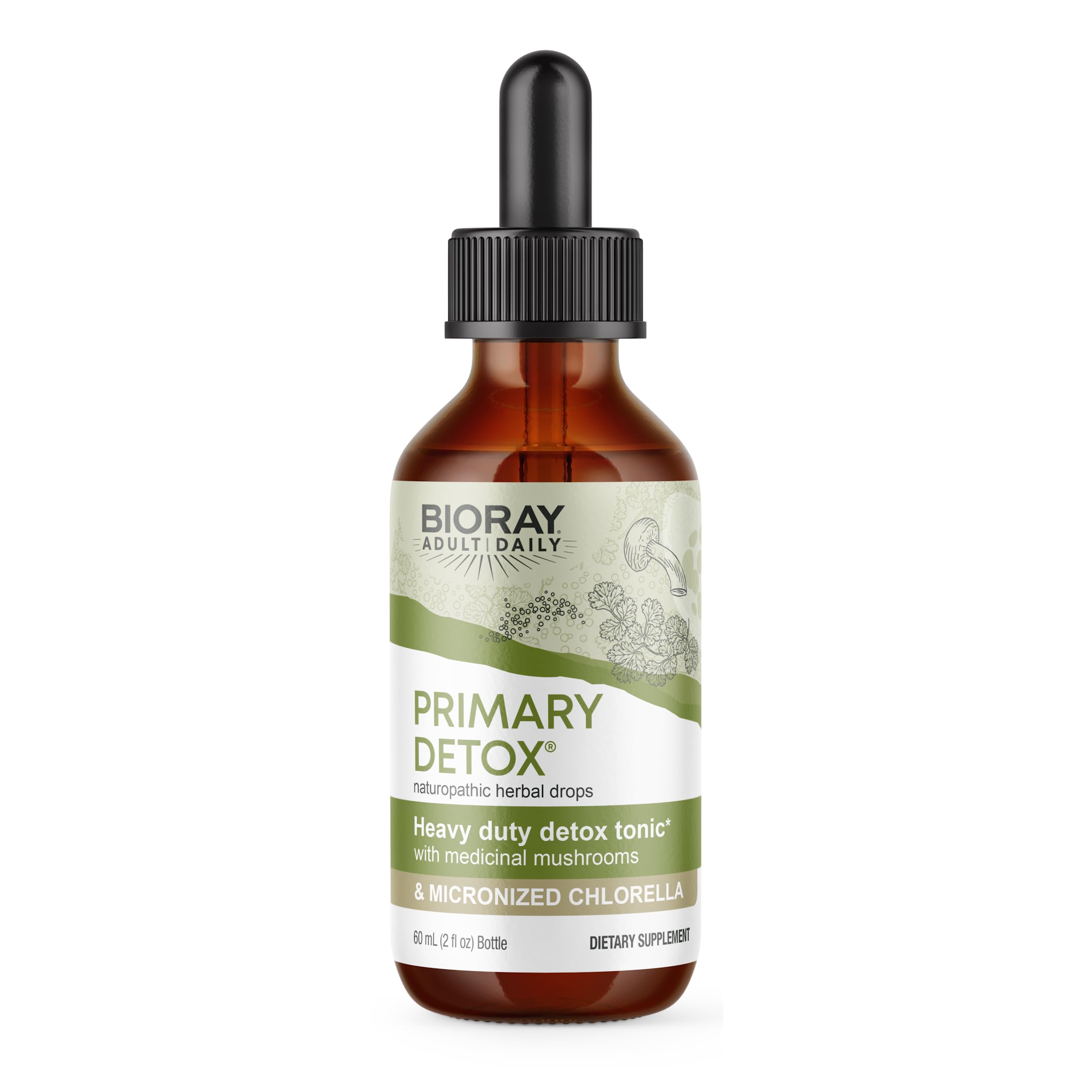 BIORAY Daily Primary Detox bottle label highlighting organic ingredients and clean formula.