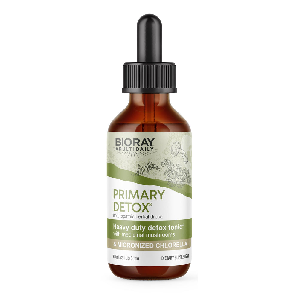 BIORAY Daily Primary Detox bottle label highlighting organic ingredients and clean formula.