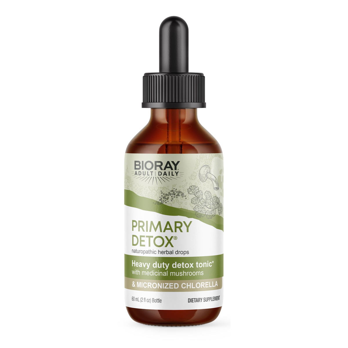 BIORAY Daily Primary Detox bottle label highlighting organic ingredients and clean formula.