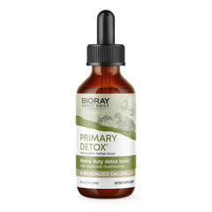 BIORAY Daily Primary Detox bottle label highlighting organic ingredients and clean formula.