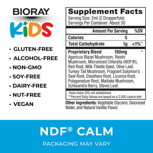 BIORAY Kids NDF Calm bottle label close-up with ingredients overview