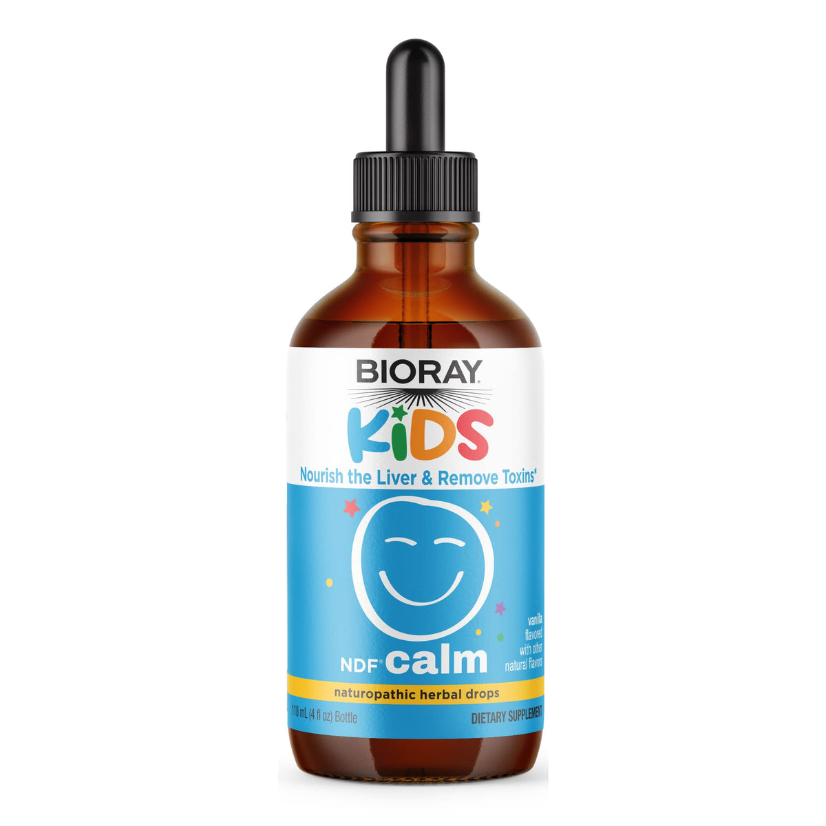 BIORAY Kids NDF Calm bottle on a counter, gentle toxin-binding support.