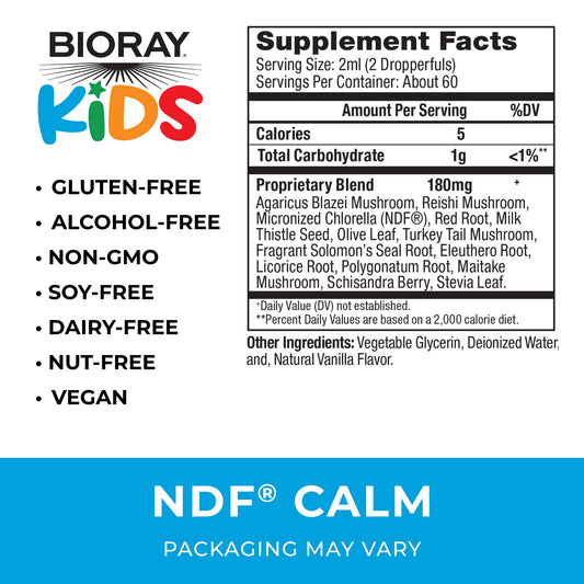 Close-up of BIORAY NDF Calm label, highlighting liver support ingredients.