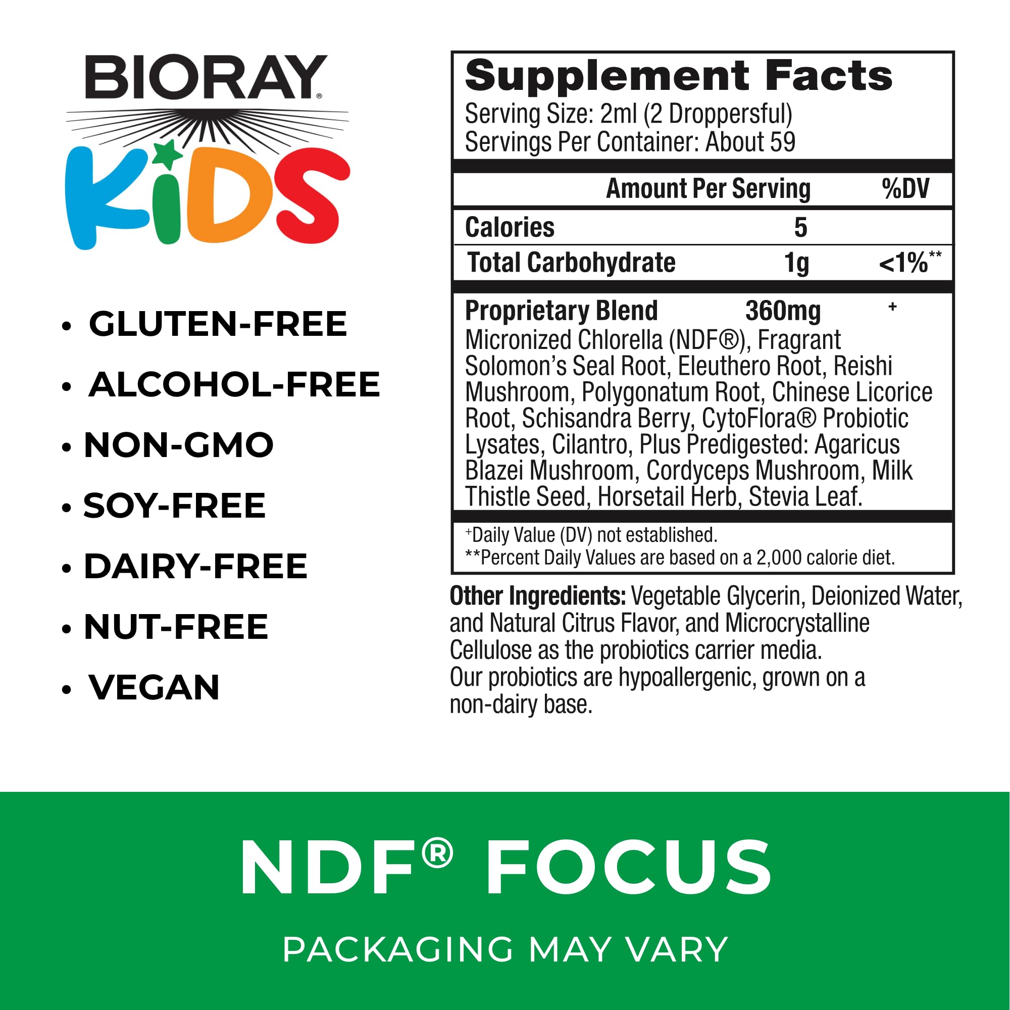 BIORAY Kids NDF Focus Citrus label close-up, highlighting non-GMO ingredients.
