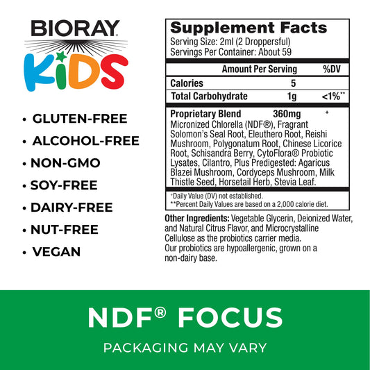 BIORAY Kids NDF Focus Citrus label close-up, highlighting non-GMO ingredients.