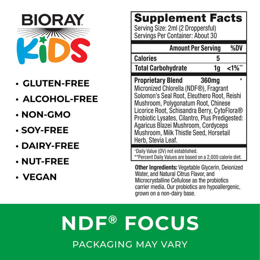 BIORAY Kids NDF Focus Citrus label highlights clean non-GMO and gluten-free ingredients.