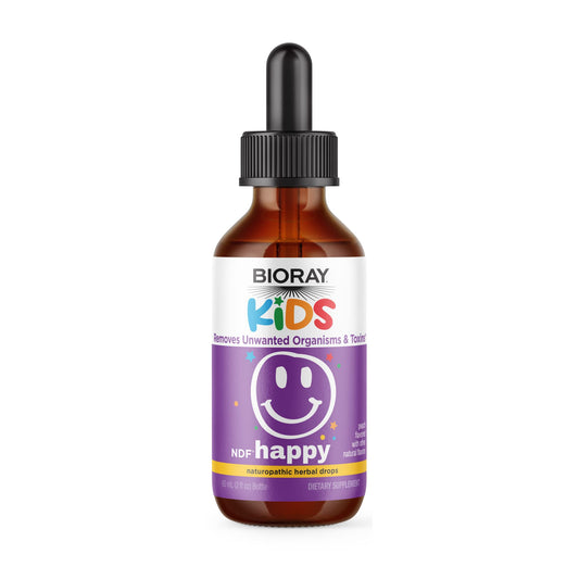 BIORAY Kids NDF Happy bottle front with peach flavor and toxin support.