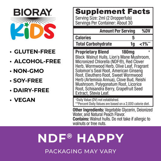 BIORAY Kids NDF Happy dropper pour illustrating kid-friendly dosing.