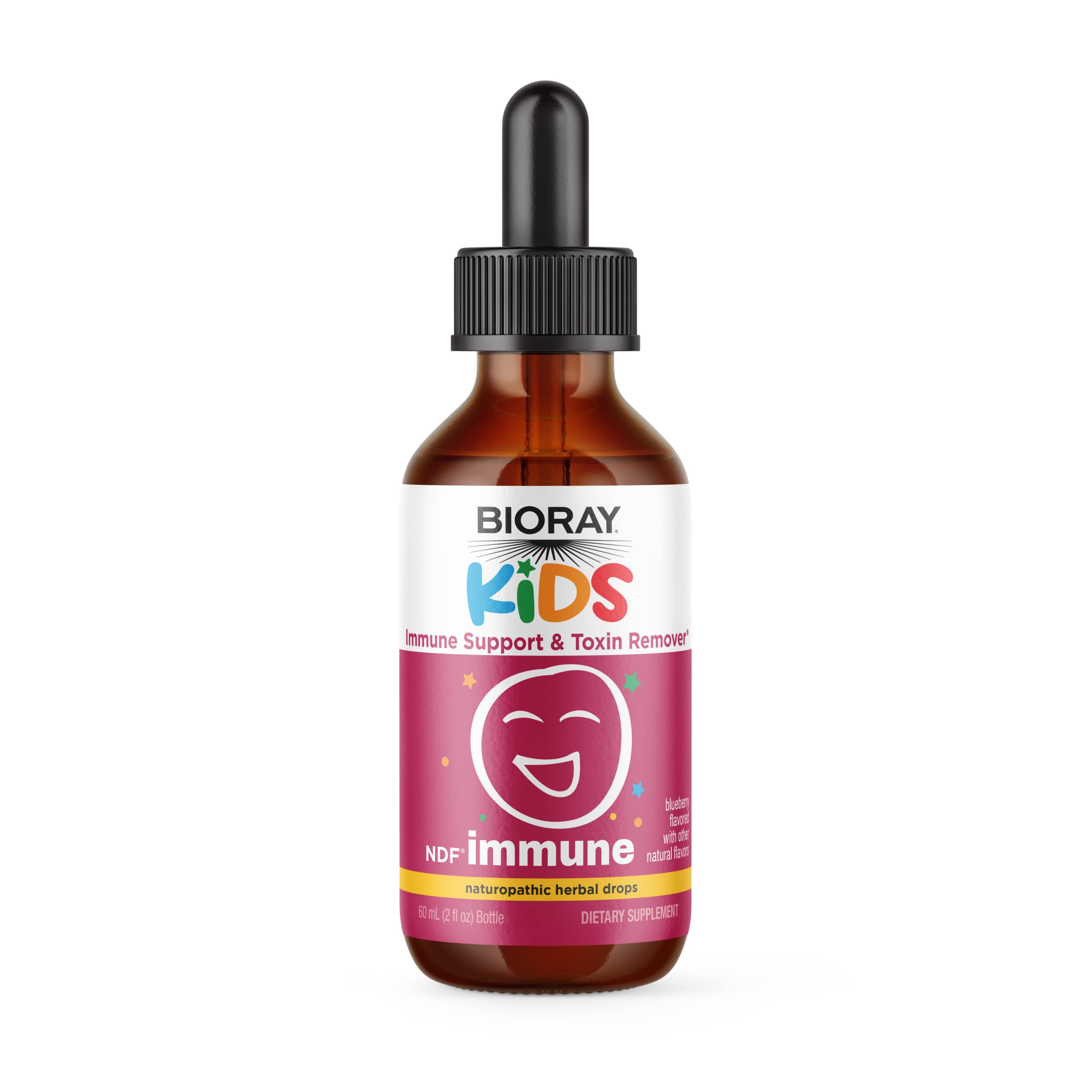 BIORAY Kids NDF Immune Blueberry bottle pour showing the product in a kid-friendly form.