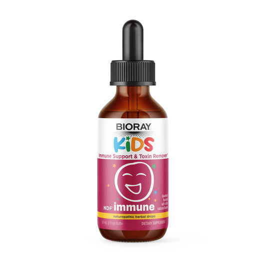 BIORAY Kids NDF Immune Blueberry bottle pour showing the product in a kid-friendly form.