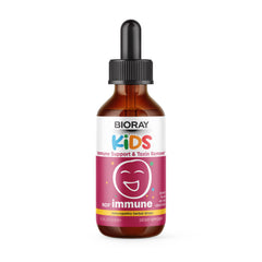 BIORAY Kids NDF Immune Blueberry bottle pour showing the product in a kid-friendly form.
