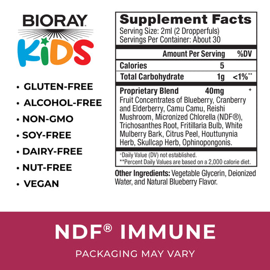 BIORAY Kids NDF Immune Blueberry label closeup highlighting the vegan, gluten-free formula.
