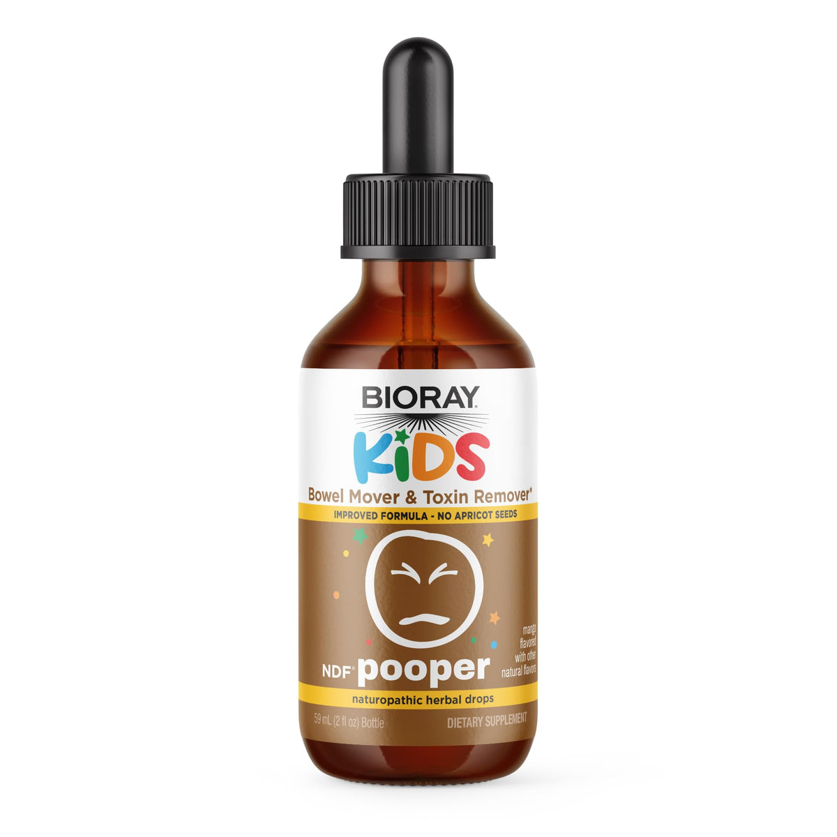 BIORAY Kids NDF Pooper mango bottle closeup for kid-friendly dosing and routine
