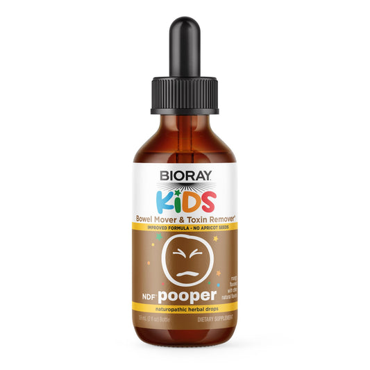 BIORAY Kids NDF Pooper mango bottle closeup for kid-friendly dosing and routine