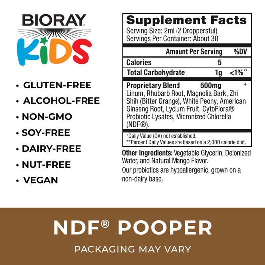 BIORAY Kids NDF Pooper mango label featuring mango flavor for easier dosing