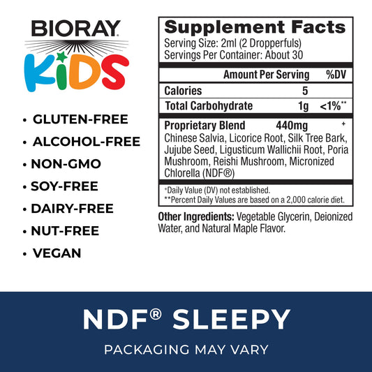 Closeup of BIORAY NDF Sleepy label with vegan, gluten free formulation