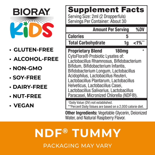 BIORAY Kids NDF Tummy Raspberry label highlights clean, allergen-conscious formulation.