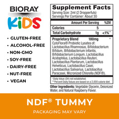 BIORAY Kids NDF Tummy Raspberry label highlights clean, allergen-conscious formulation.