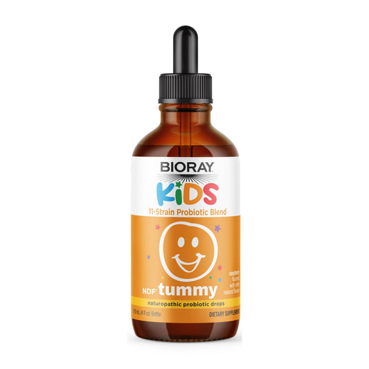 BIORAY Kids NDF Tummy Raspberry bottle with kid-friendly gut support