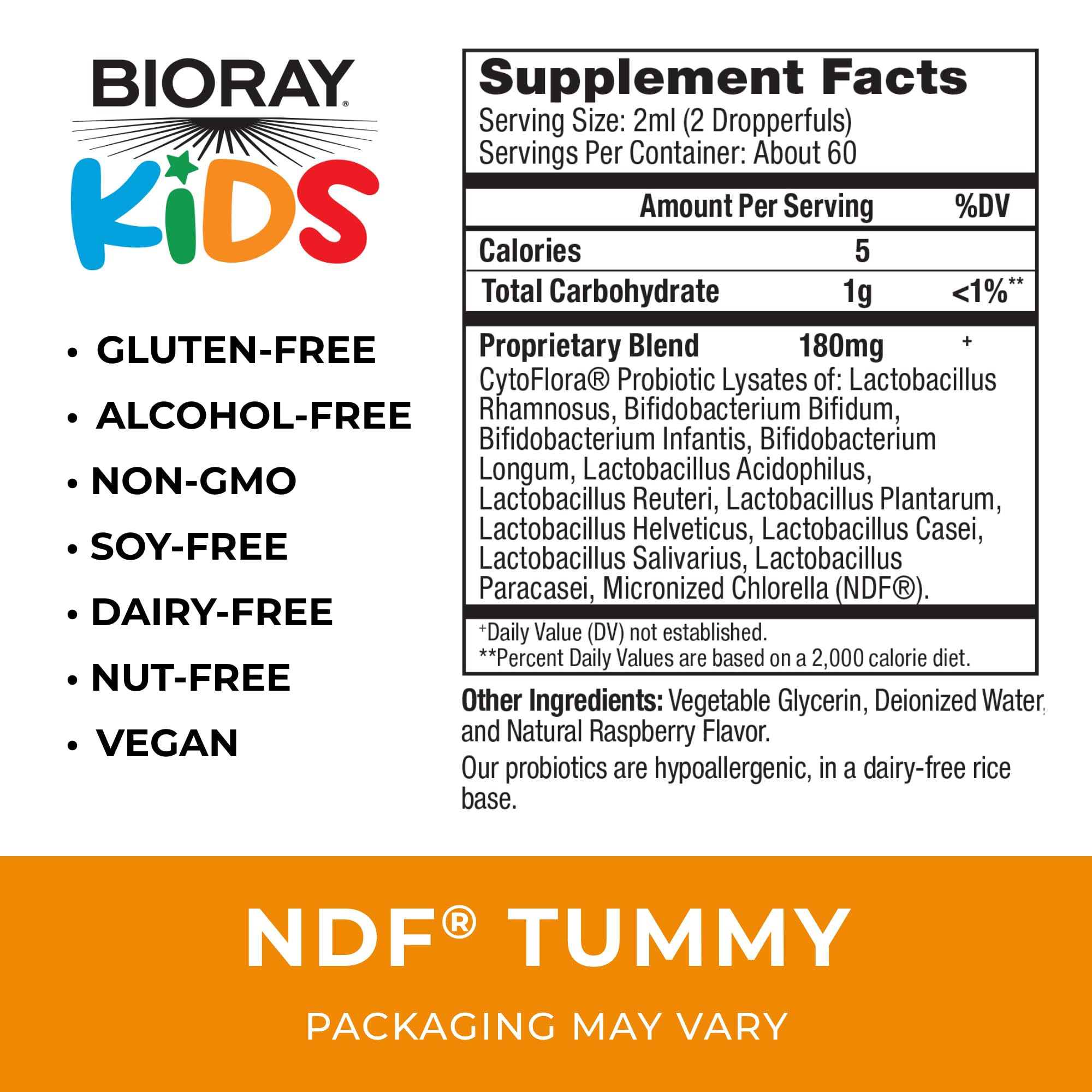 BIORAY Kids NDF Tummy Raspberry label with ingredients and strains for gut balance