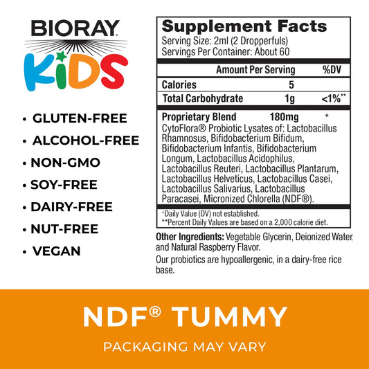 BIORAY Kids NDF Tummy Raspberry label with ingredients and strains for gut balance