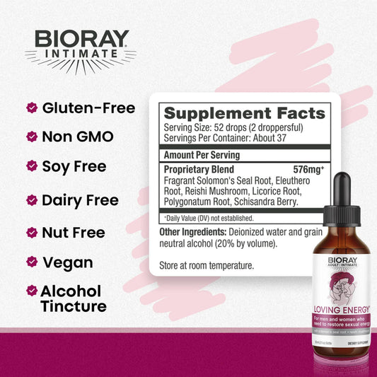 BIORAY Loving Energy dropper dispense image suggests convenient daily use for adrenal balance and focus